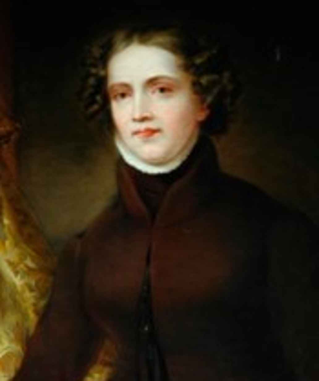 Portrait of Anne Lister who is wearing black, has a high collar and hair in short, tight curls