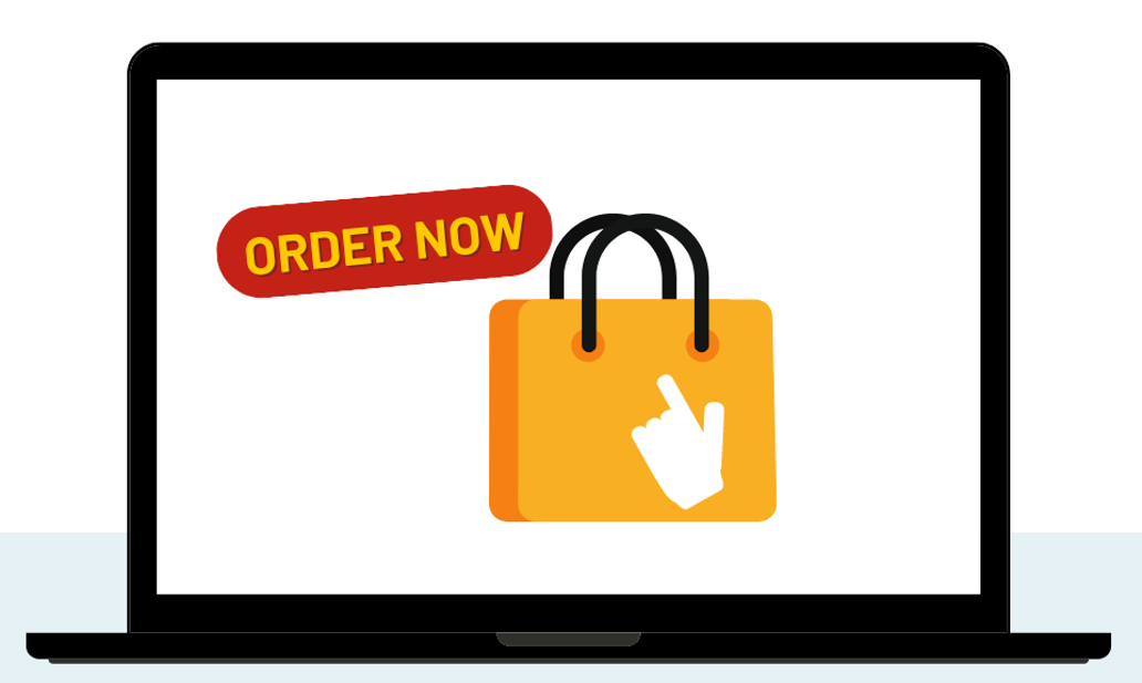 Laptop screen showing shopping basket and order now icon
